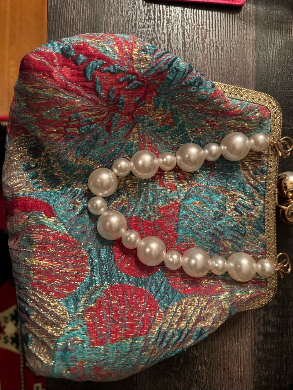 Handmade Pearl-Handle Brocade Evening Clutch β Turquoise & Red